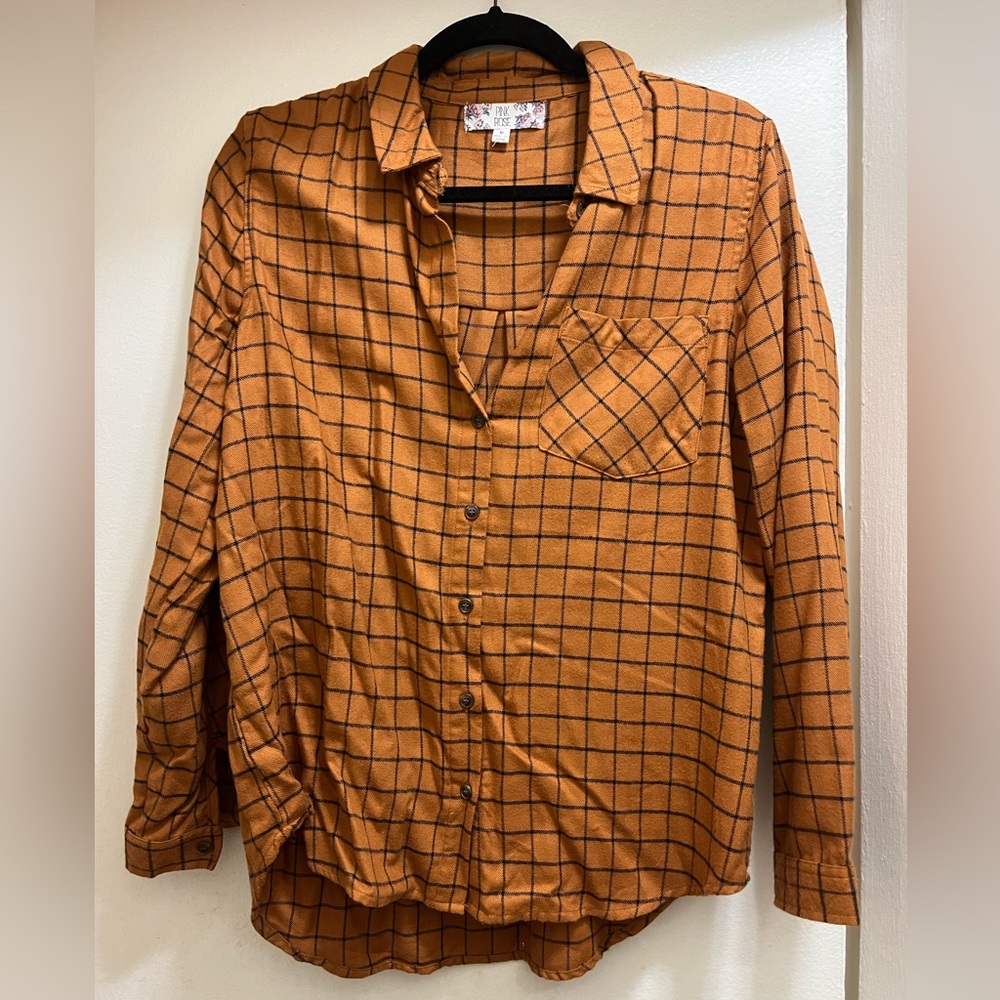 Pink Rose Medium burnt orange plaid button down flannel shirt